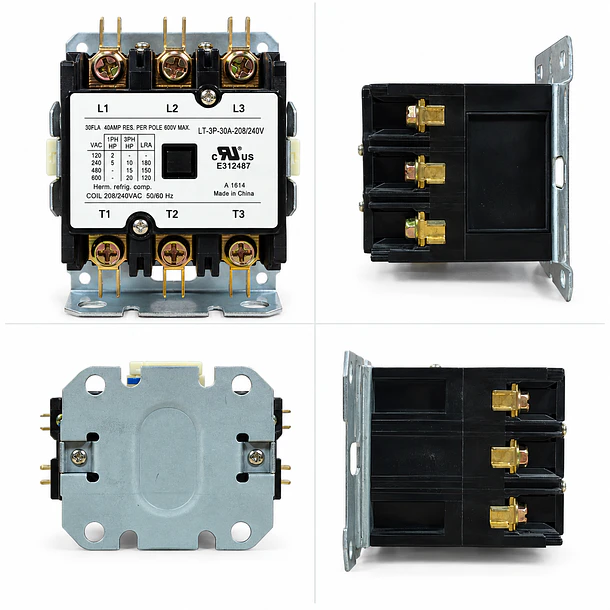 Contactor 3 Polos 30A Bobina 208/240VAC para Aire Acondicionado y Refrigeración