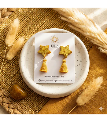 Aros Estrellas Pompom - Mostaza/Dorado