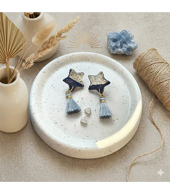 Aros Estrellas Pompom - Azul oscuro/Plateado/Gris