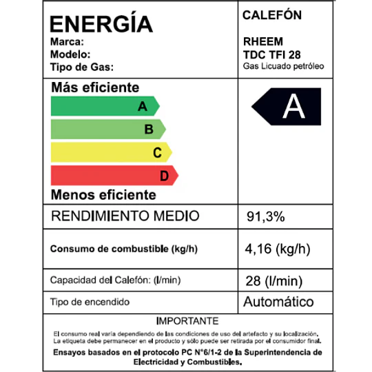 Calefont Rheem 28 lts Tiro forzado (Gas licuado)