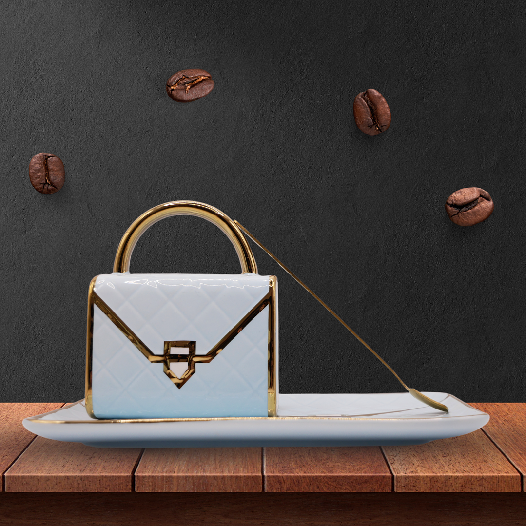 Taza Chic - Taza en forma de cartera con plato y cuchara 3