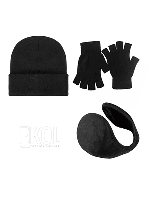 Set Invierno: Gorro Polar Orejera Y Guante Sin Dedos