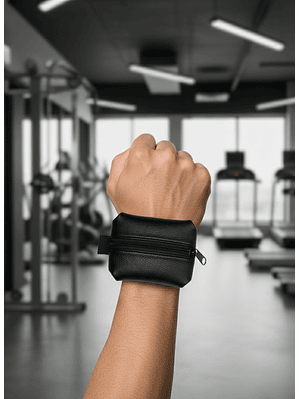 Monedero Cuero Con Sujetador De Muñeca O Brazo Y Cierre Negro