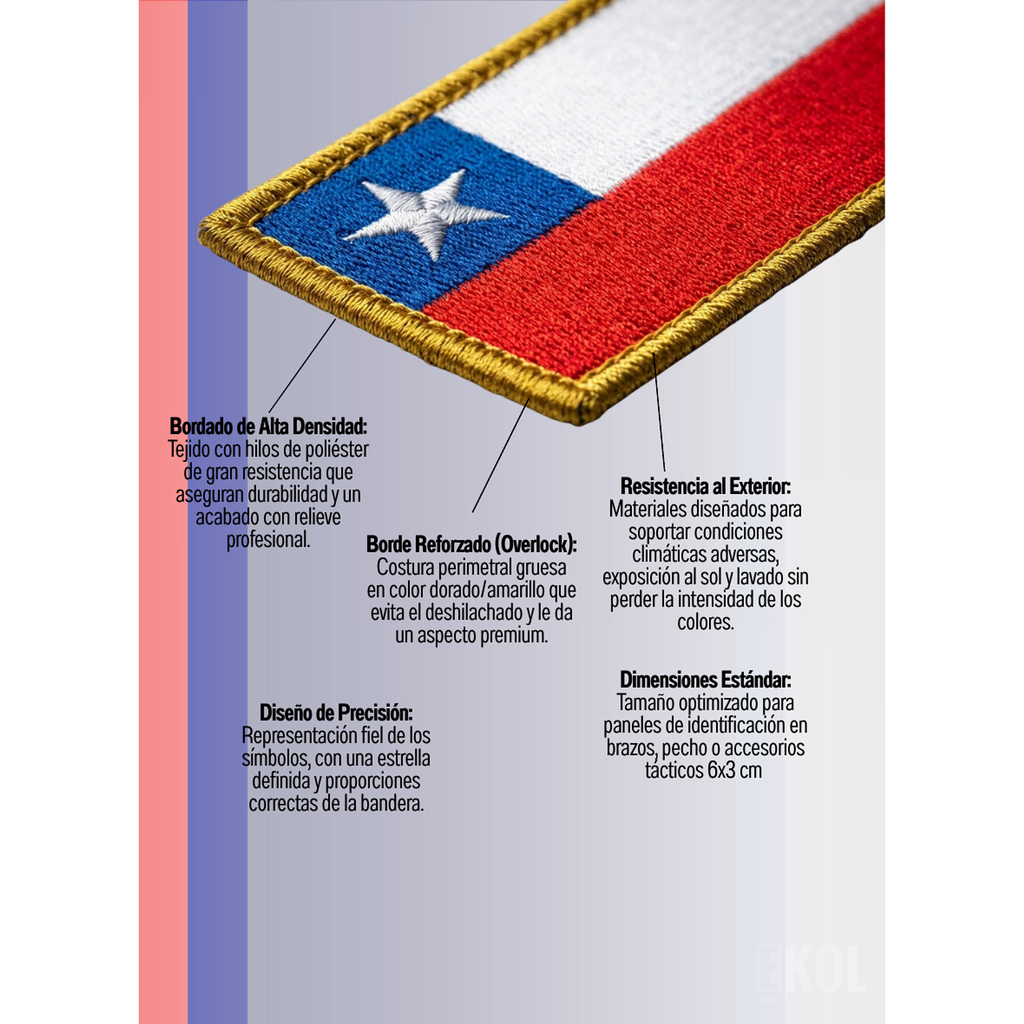 Parche Bandera de Chile Táctico 6x3 cm - Borde Reforzado para Uniforme Sin Velcro 3