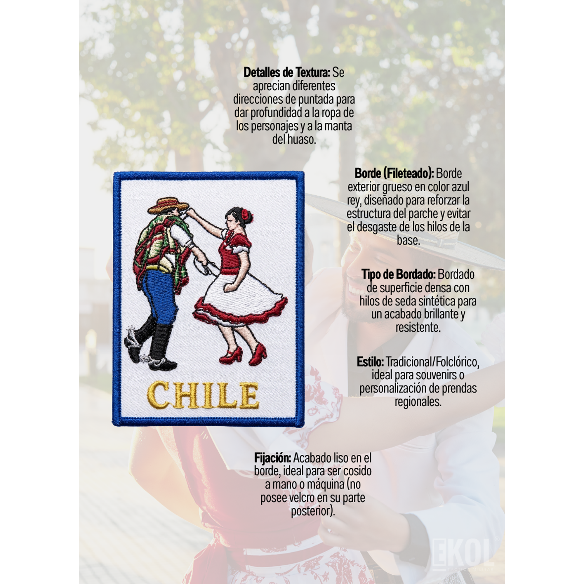 Parche De Cueca Bordado Sin Velcro 8x6 Cm Borde Azul 3