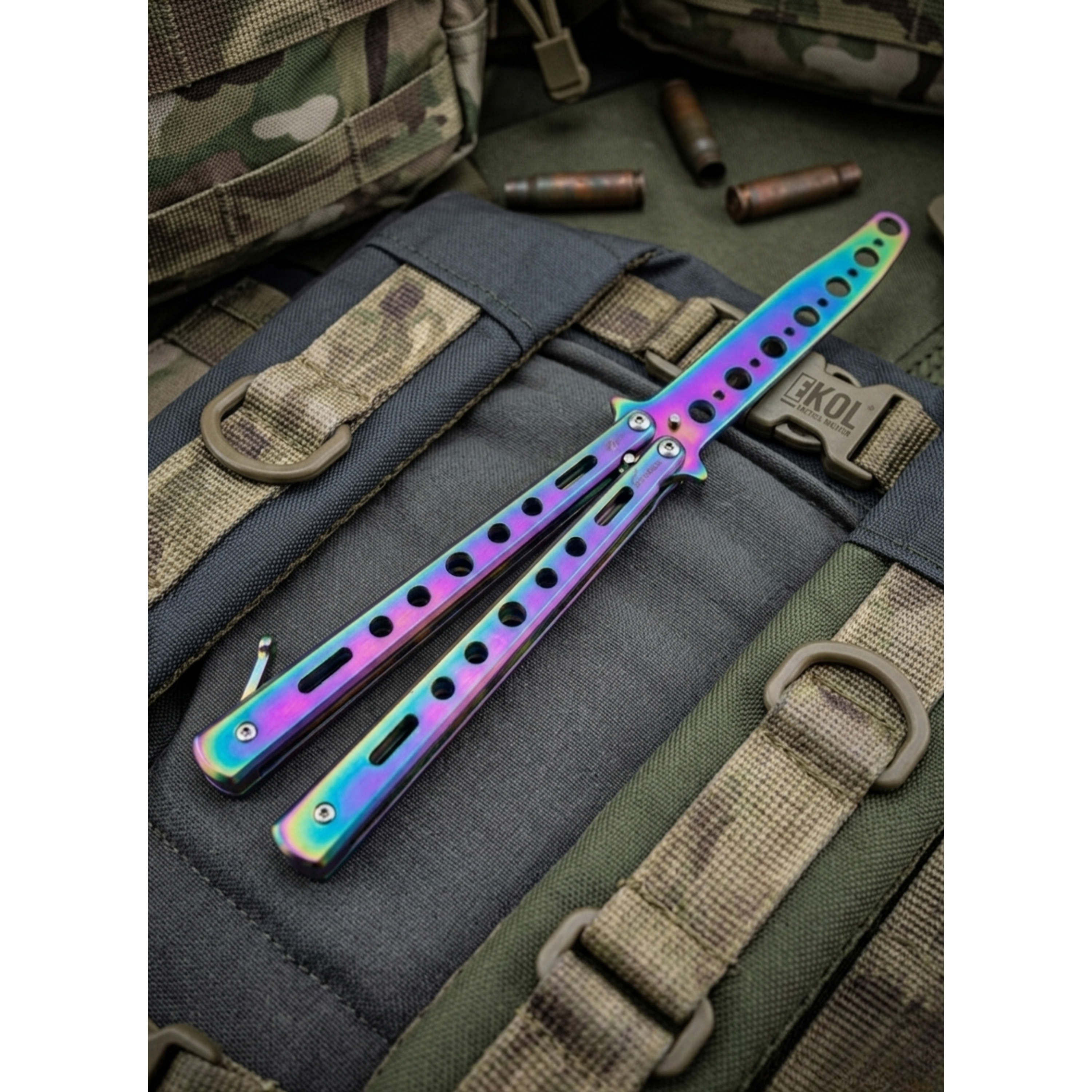 Cuchillo Mariposa de Práctica 100% Seguro - Balisong Sin Filo para Trucos y Flips (Tornasol) 1