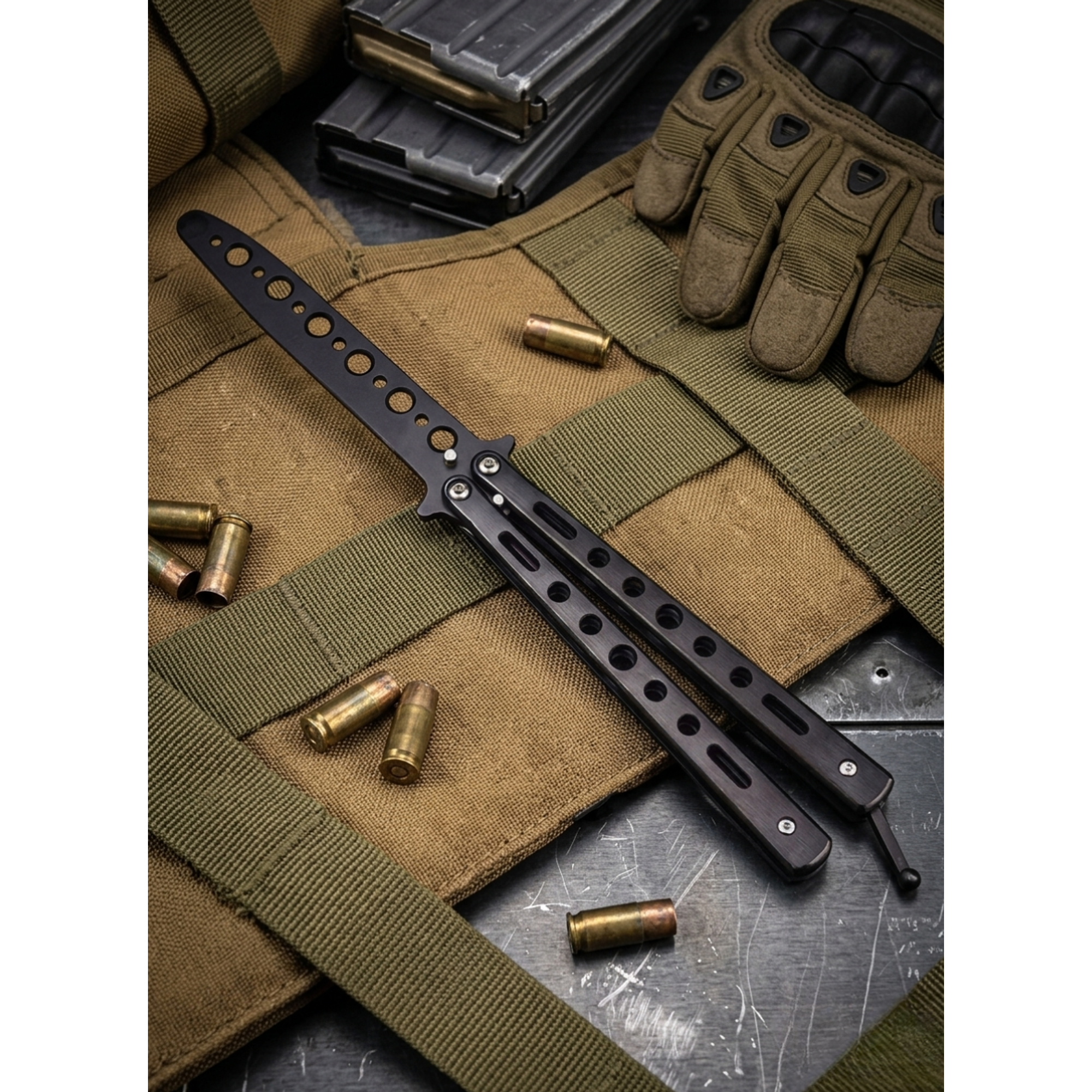 Navaja Mariposa de Entrenamiento – Balisong Negra 21cm (Sin Filo) 1