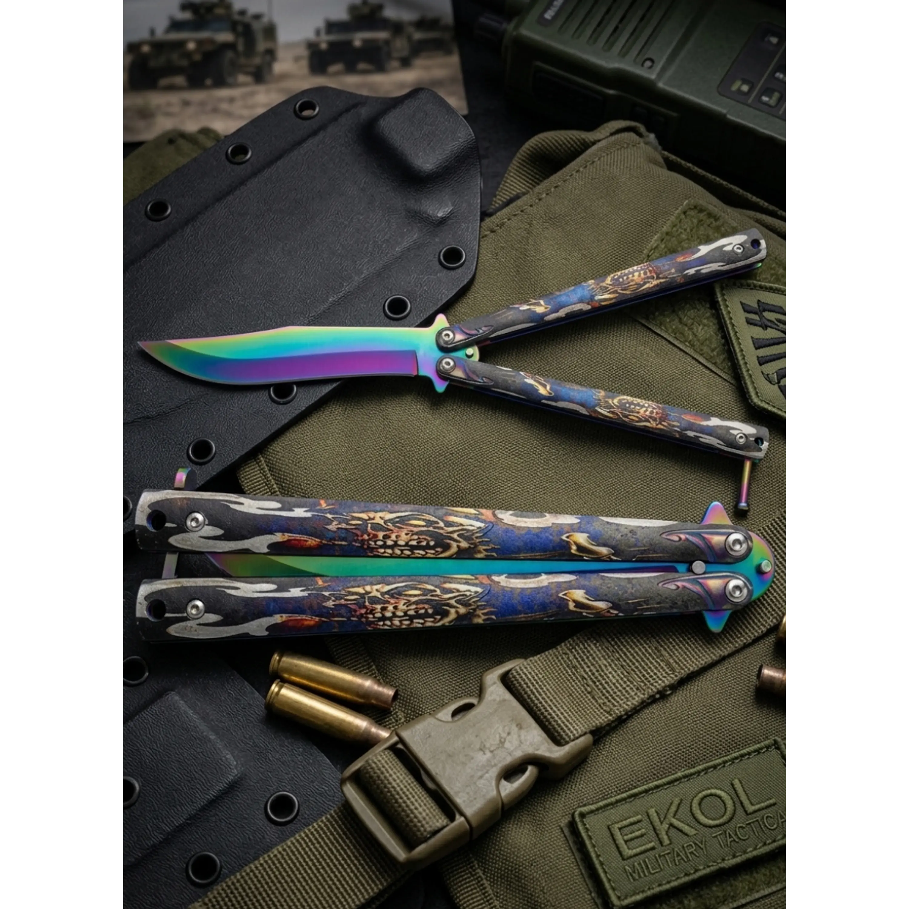 Cuchillo Mariposa Entrenamiento y Colección - Filo Calavera 23cm Diseños Surtidos 1