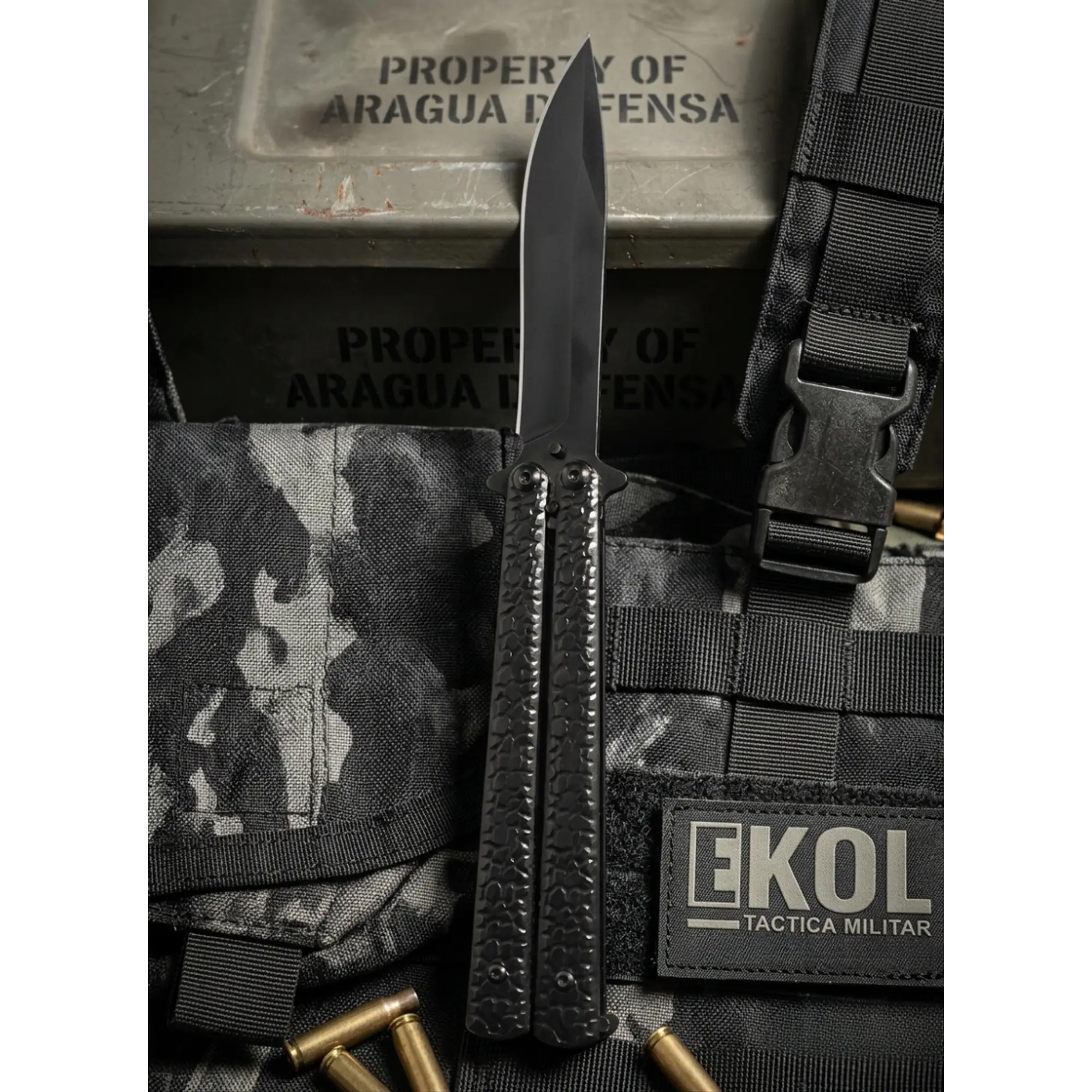 Cuchillo Mariposa Táctico Balisong 22cm Acero Negro Con Filo 1