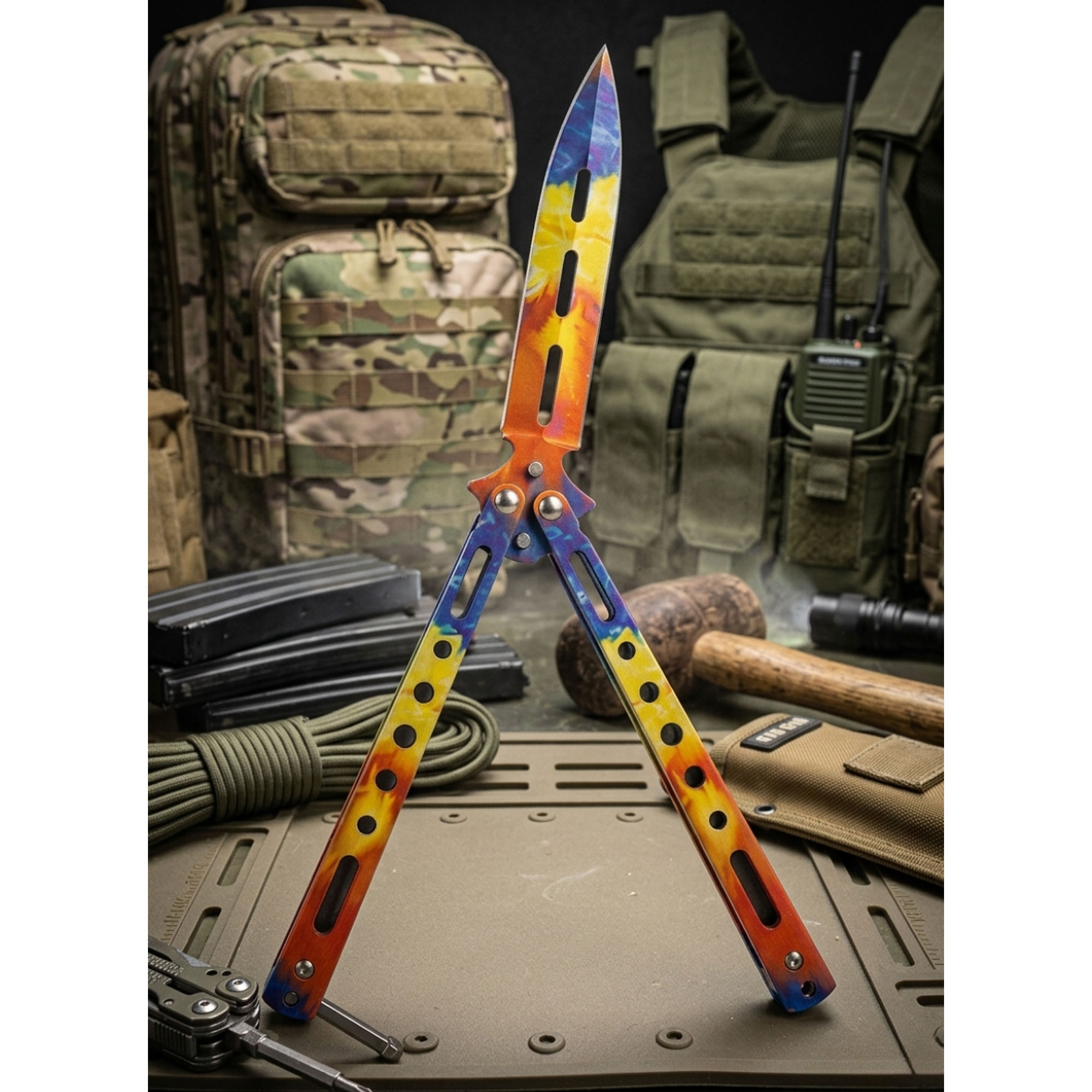 Cuchillo Navaja Mariposa Cuchillo - Practica Sin Filo 21 cm Tricolor Hoja Metalica Drop  1