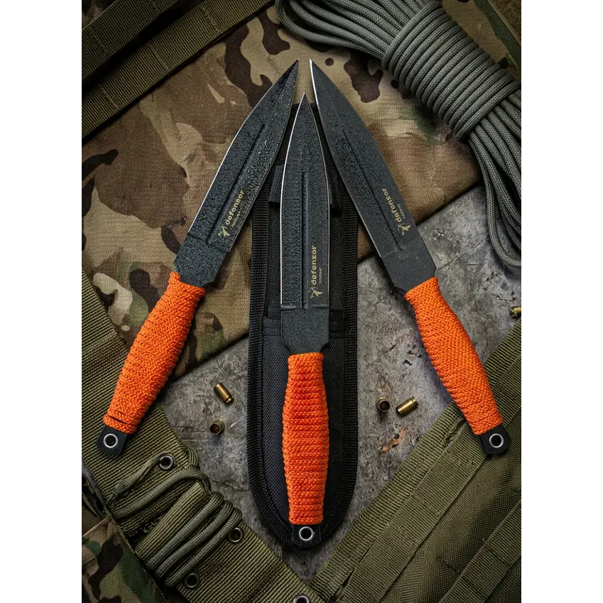 Set 3 Cuchillos Lanzamiento Defensor 15cm Acero Mango Cuerda 1