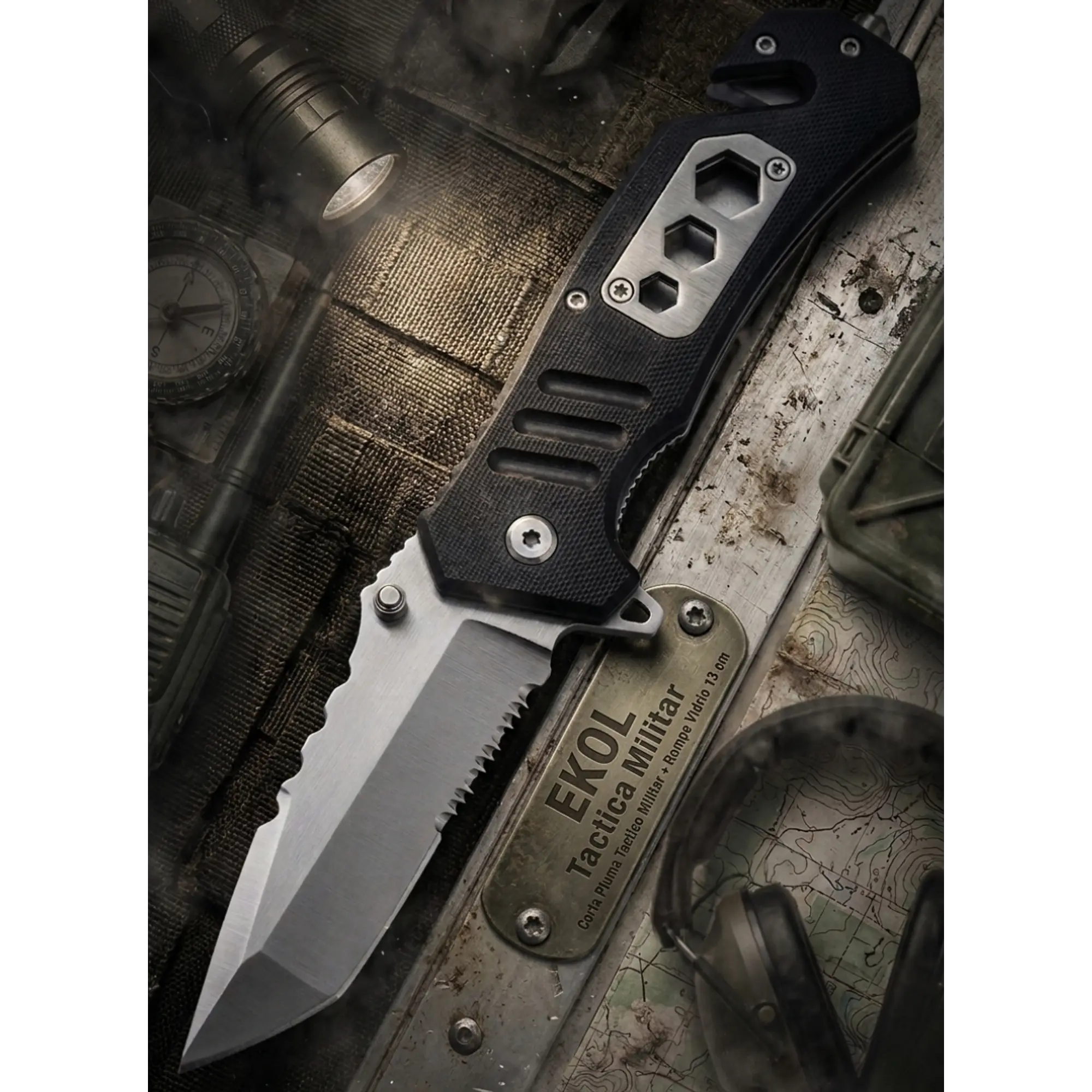 Navaja Táctica Militar 13cm - Cortapluma con Rompe Vidrio y Clip 1