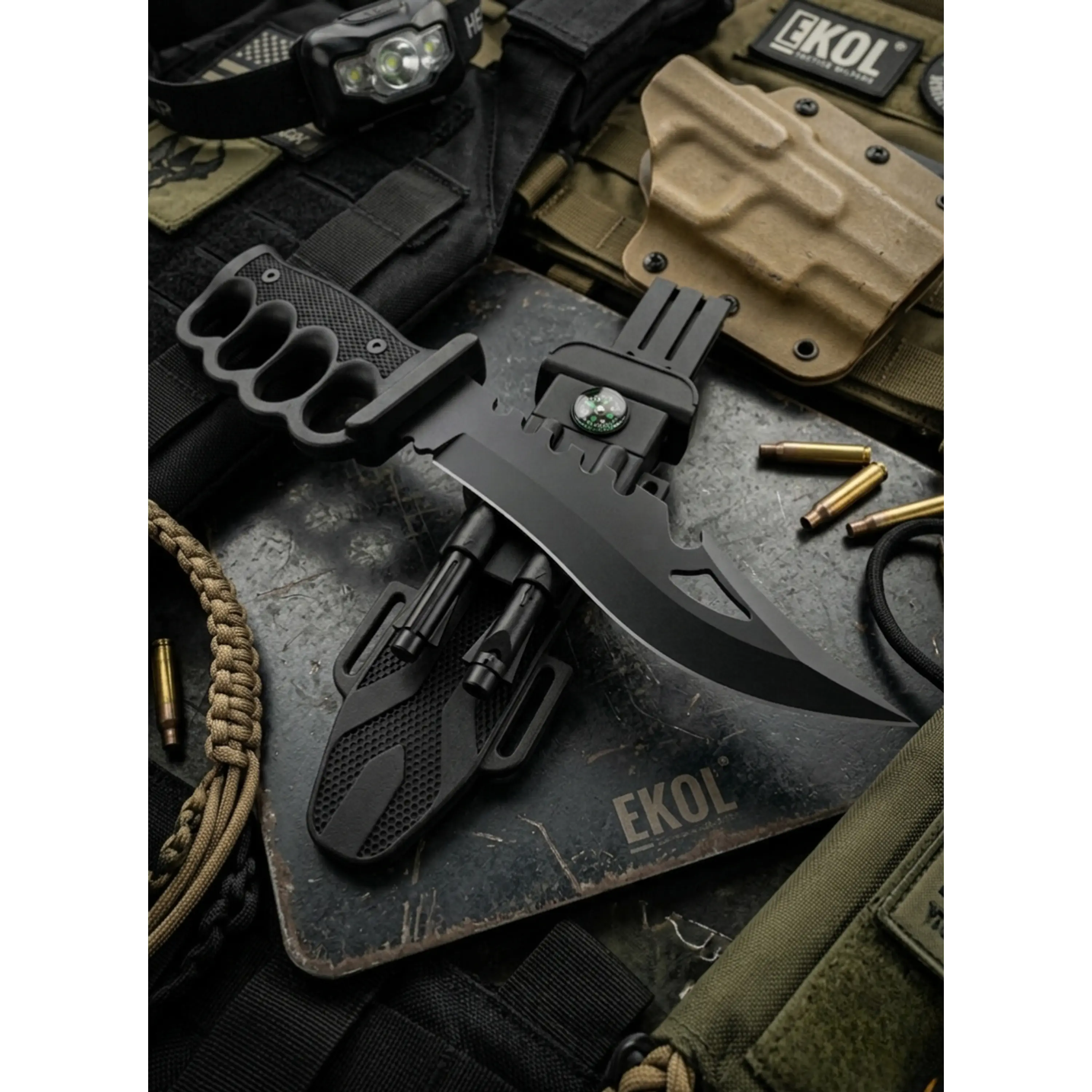 Cuchillo Táctico Militar Manopla Con Pedernal Black 18cm 1