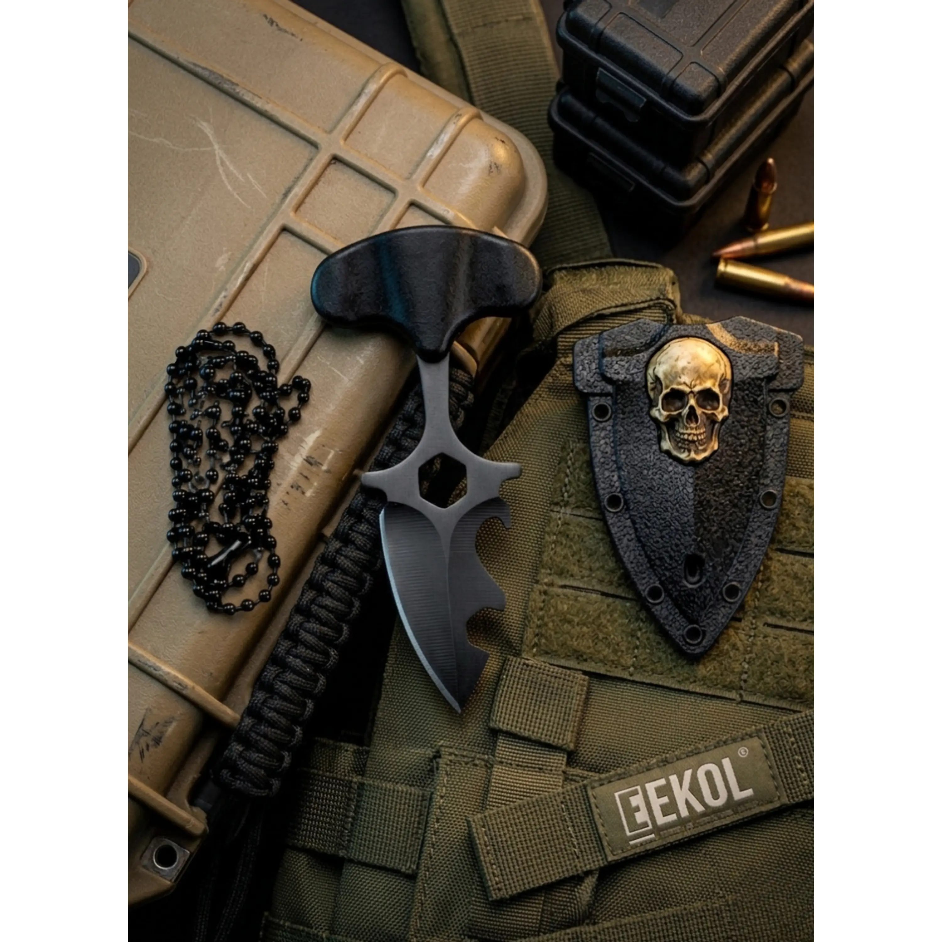 Cuchillo Táctico Militar Full Tang Calavera - Acero 15cm + Funda 1