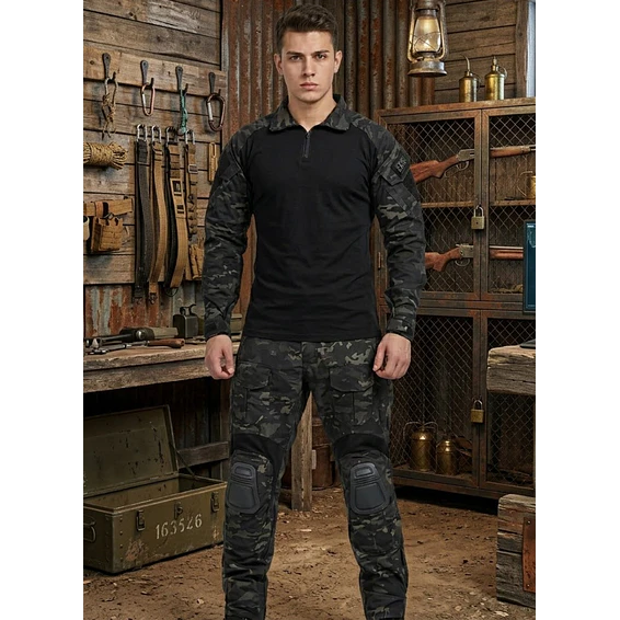 Tenida Completa Militar Tactico Polera + Pantalon + Rodilleras  1