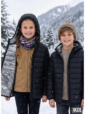 Chaqueta Puffer Para Niños Con Forro Térmico Reflectante Y Capucha Negra