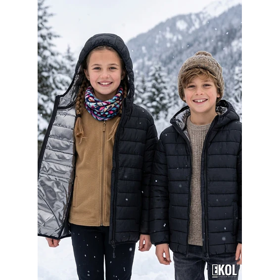 Chaqueta Puffer Para Niños Con Forro Térmico Reflectante Y Capucha Negra 1