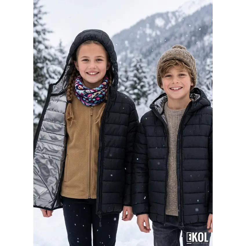 Chaqueta Puffer Para Niños Con Forro Térmico Reflectante Y Capucha Negra 1