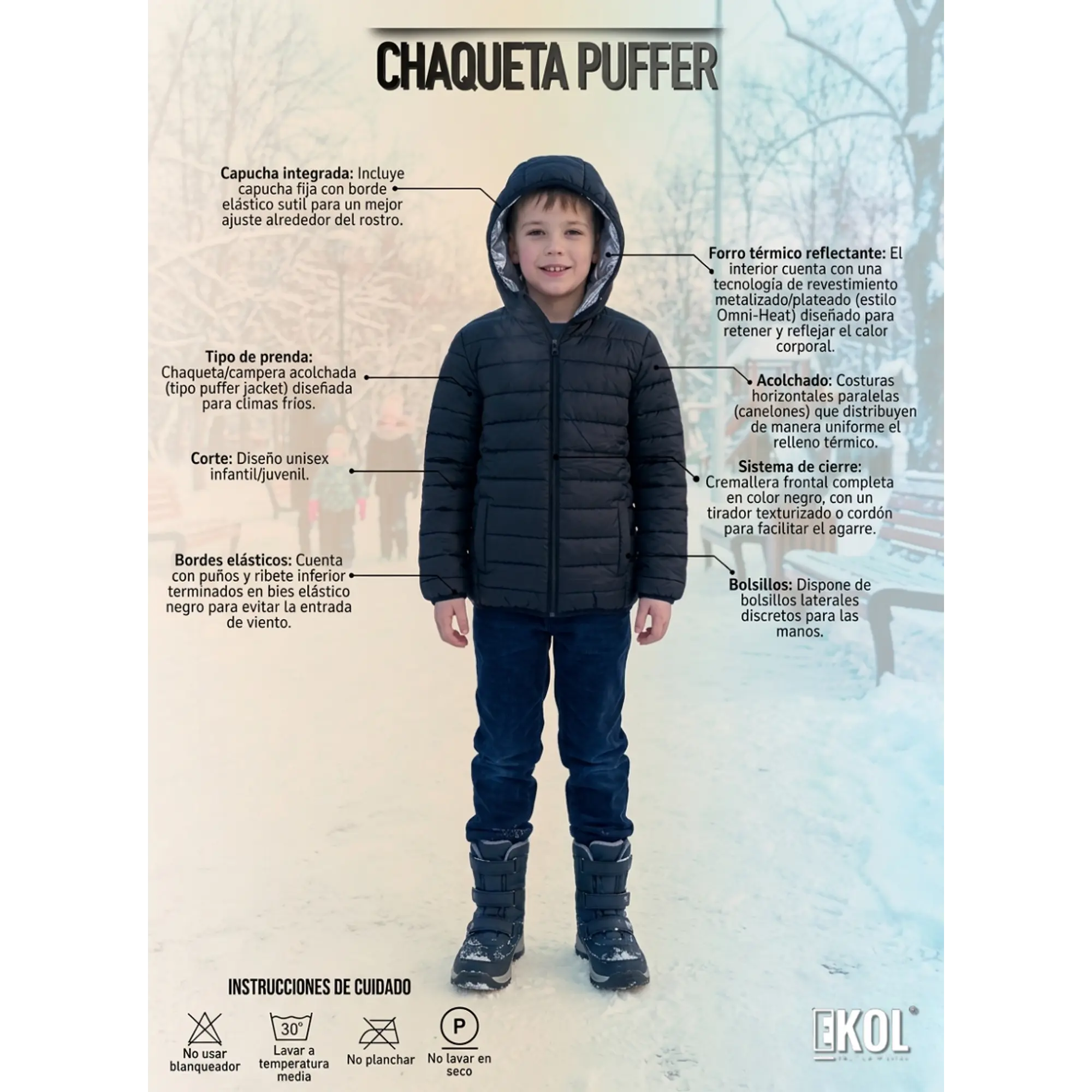 Chaqueta Puffer Para Niños Con Forro Térmico Reflectante Y Capucha Negra 6