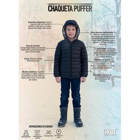 Chaqueta Puffer Para Niños Con Forro Térmico Reflectante Y Capucha Negra 6