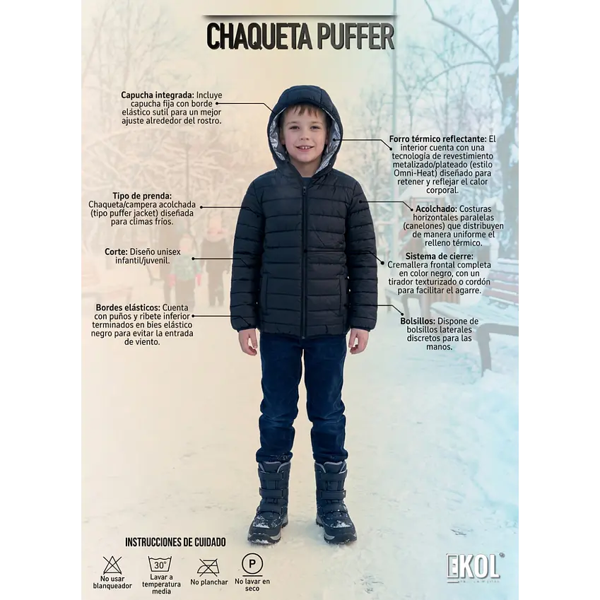 Chaqueta Puffer Para Niños Con Forro Térmico Reflectante Y Capucha Negra 6