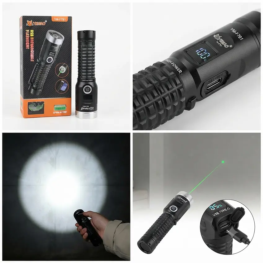 Linterna Metálica LED de Alta Potencia con Puntero Láser Verde Recargable USB y Pantalla Digital 5