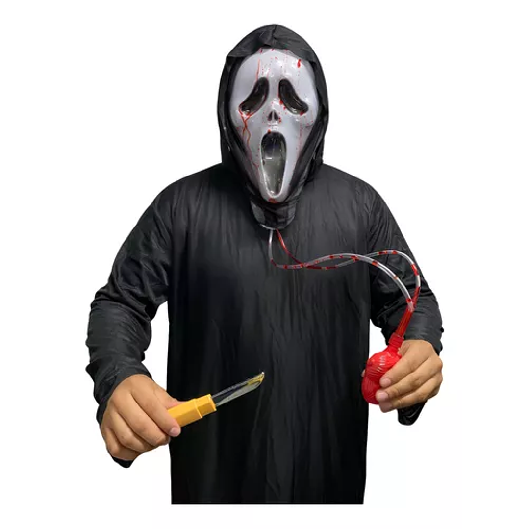 Disfraz Ghostface Scary Movie Traje + Máscara Con Sangre + Cuchillo Plastico 1