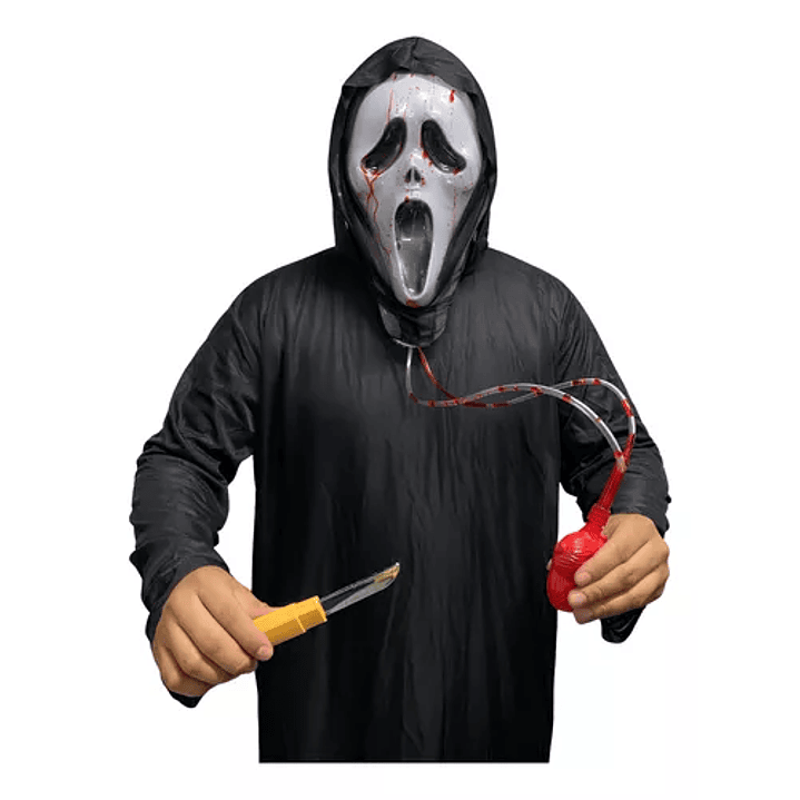 Disfraz Ghostface Scary Movie Traje + Máscara Con Sangre + Cuchillo Plastico 1