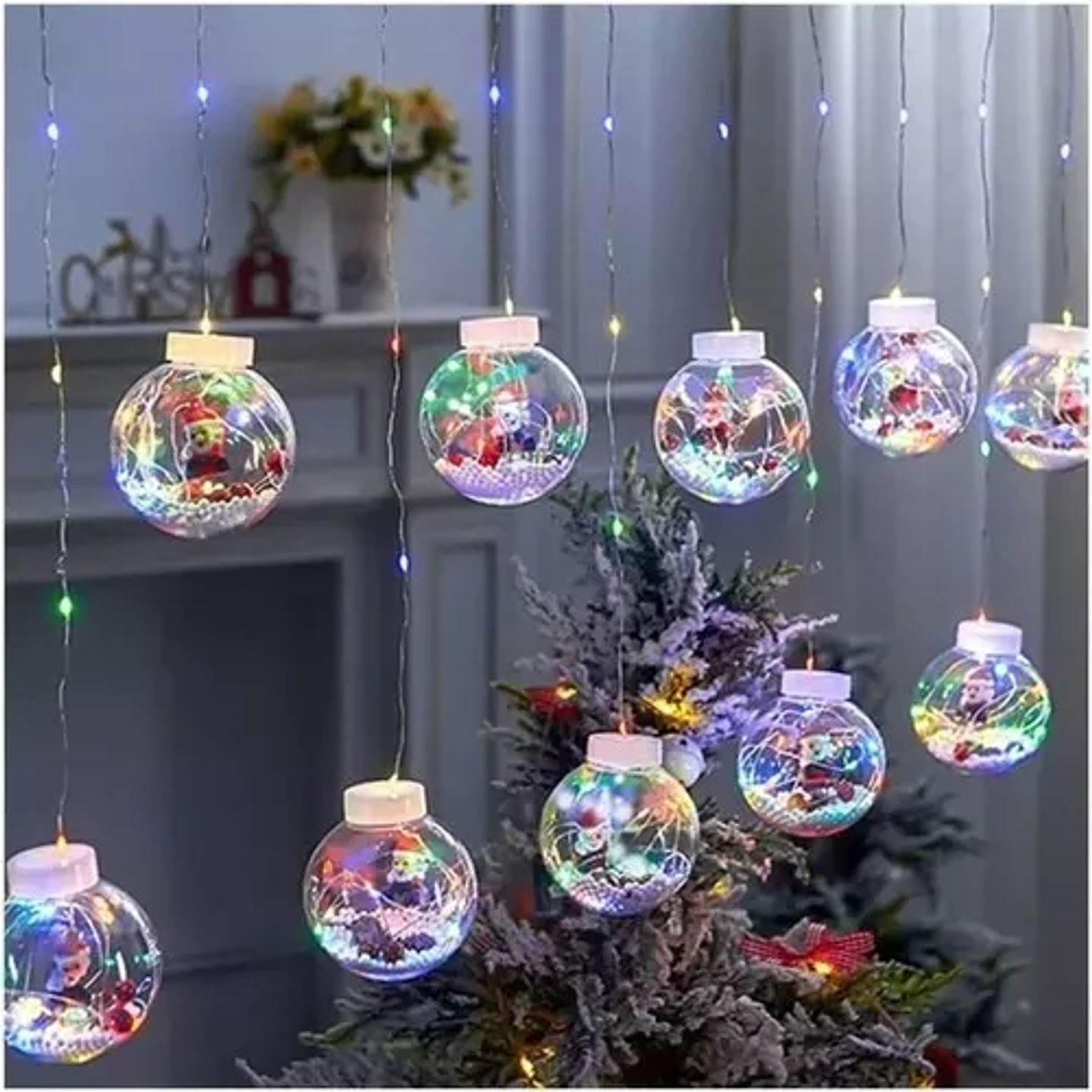 Cortina Esfera Luces Led Trasparentes Navidad Santa Nieve 2