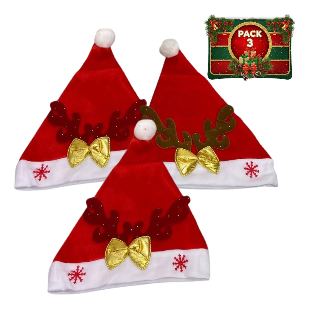 Pack 3 Gorros De Navidad Viejo Pascuero Reno Adorno Navideño 1