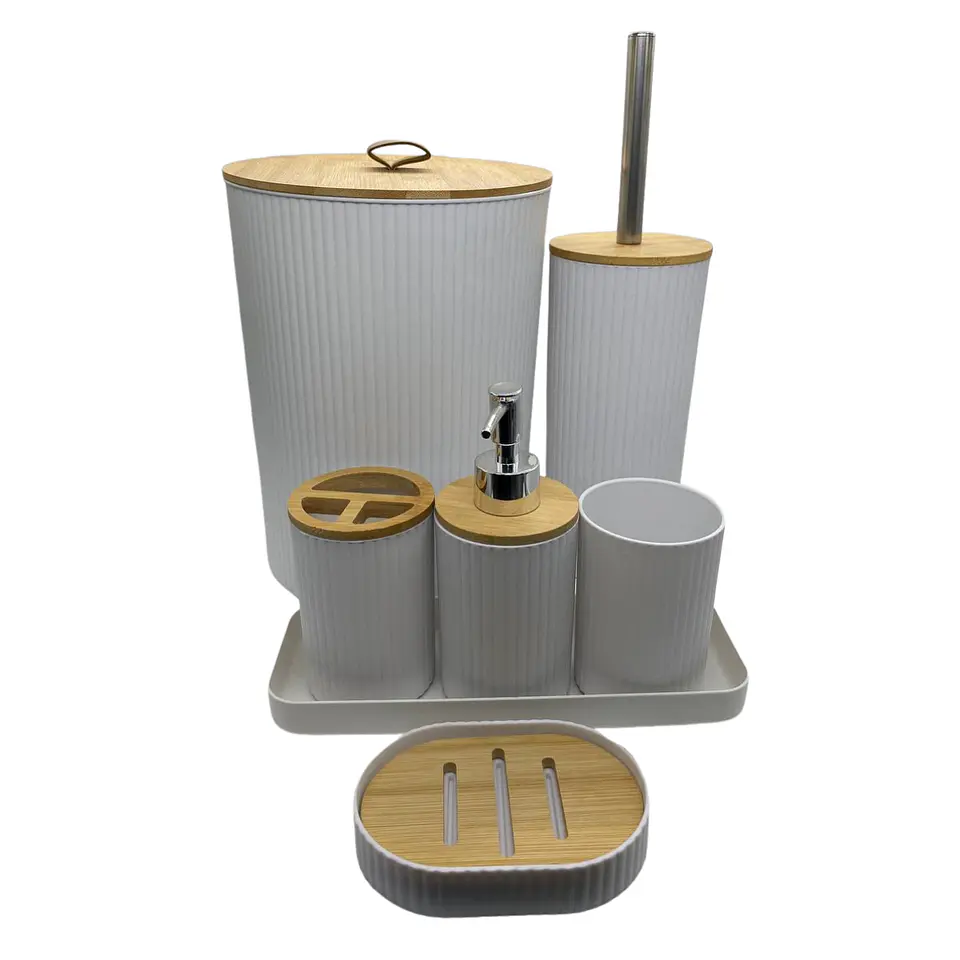 Juego Accesorios Set De Baño 6 Piezas Bambú Cepillo Wc Blanco + Cortina de obsequio 1