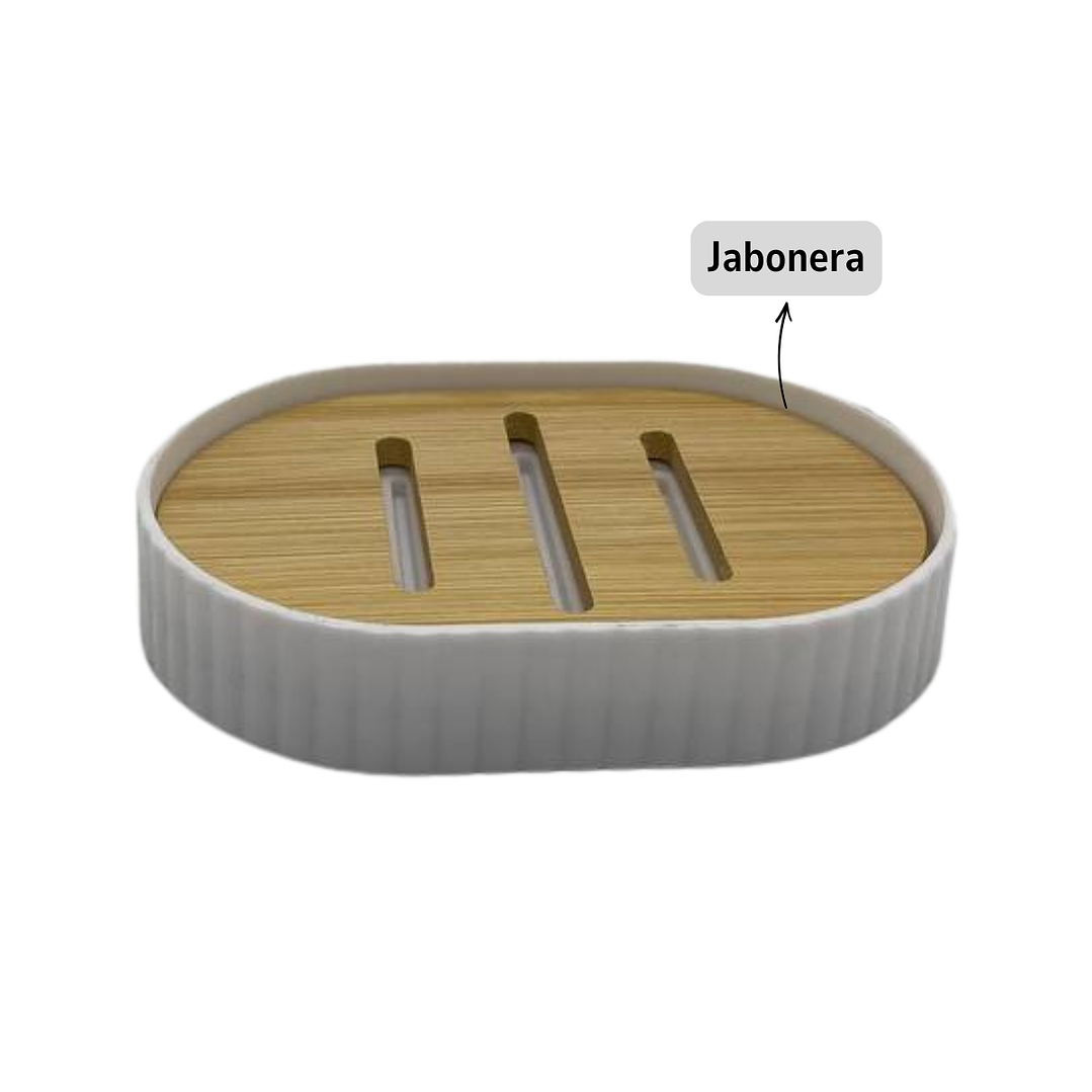 Juego Accesorios Set De Baño 6 Piezas Bambú Cepillo Wc Blanco + Cortina de obsequio 4