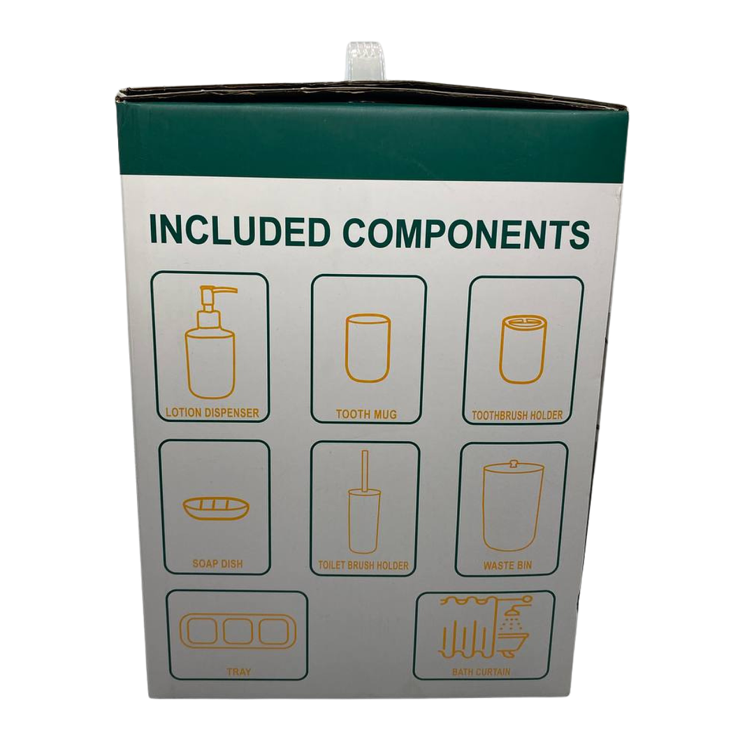 Juego Accesorios Set De Baño 6 Piezas Bambú Cepillo Wc Blanco + Cortina de obsequio 7