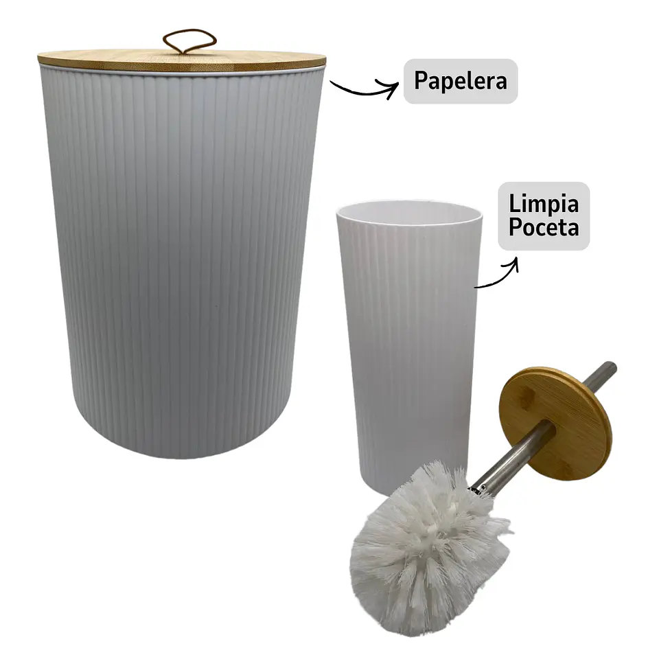 Juego Accesorios Set De Baño 6 Piezas Bambú Cepillo Wc Blanco + Cortina de obsequio 2