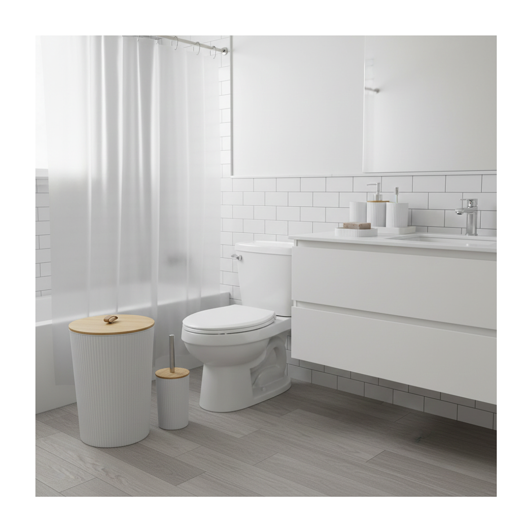 Juego Accesorios Set De Baño 6 Piezas Bambú Cepillo Wc Blanco + Cortina de obsequio 10