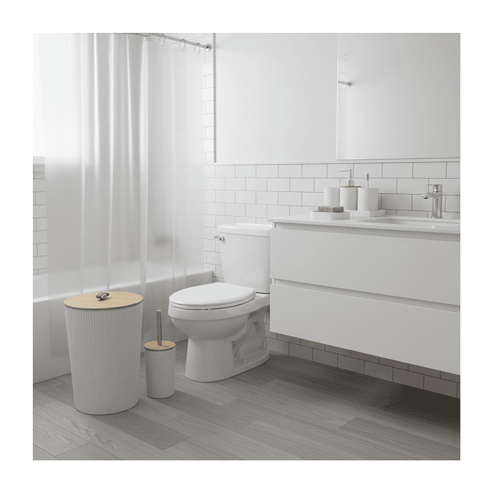 Juego Accesorios Set De Baño 6 Piezas Bambú Cepillo Wc Blanco + Cortina de obsequio 10