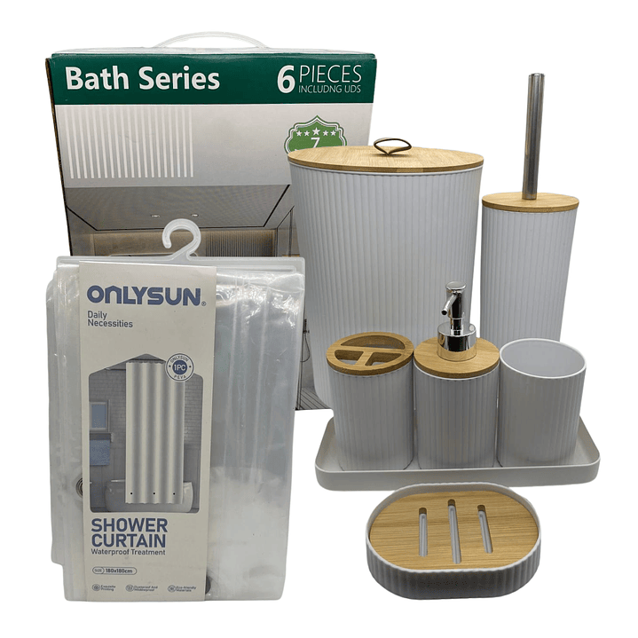 Juego Accesorios Set De Baño 6 Piezas Bambú Cepillo Wc Blanco + Cortina de obsequio 6