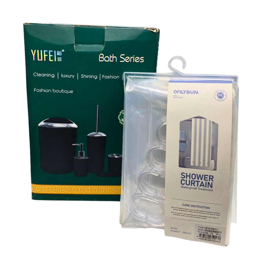 Juego de Accesorios para Baño 6 Piezas ABS Cromado Blanco + Cortina de Obsequio 6