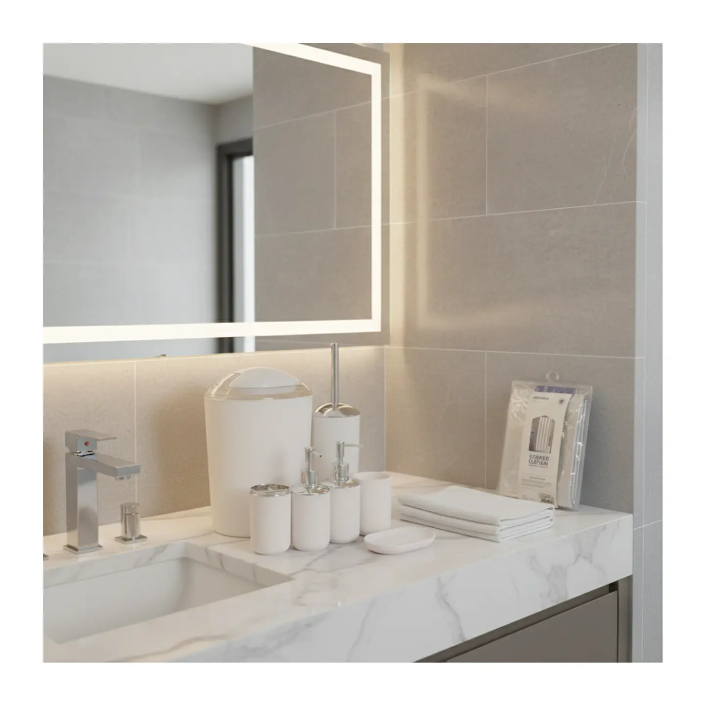 Juego de Accesorios para Baño 6 Piezas ABS Cromado Blanco + Cortina de Obsequio 9