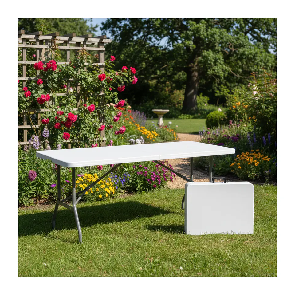 Mesa plegable de camping 180x74 cm portátil, plástico resistente blanca 7