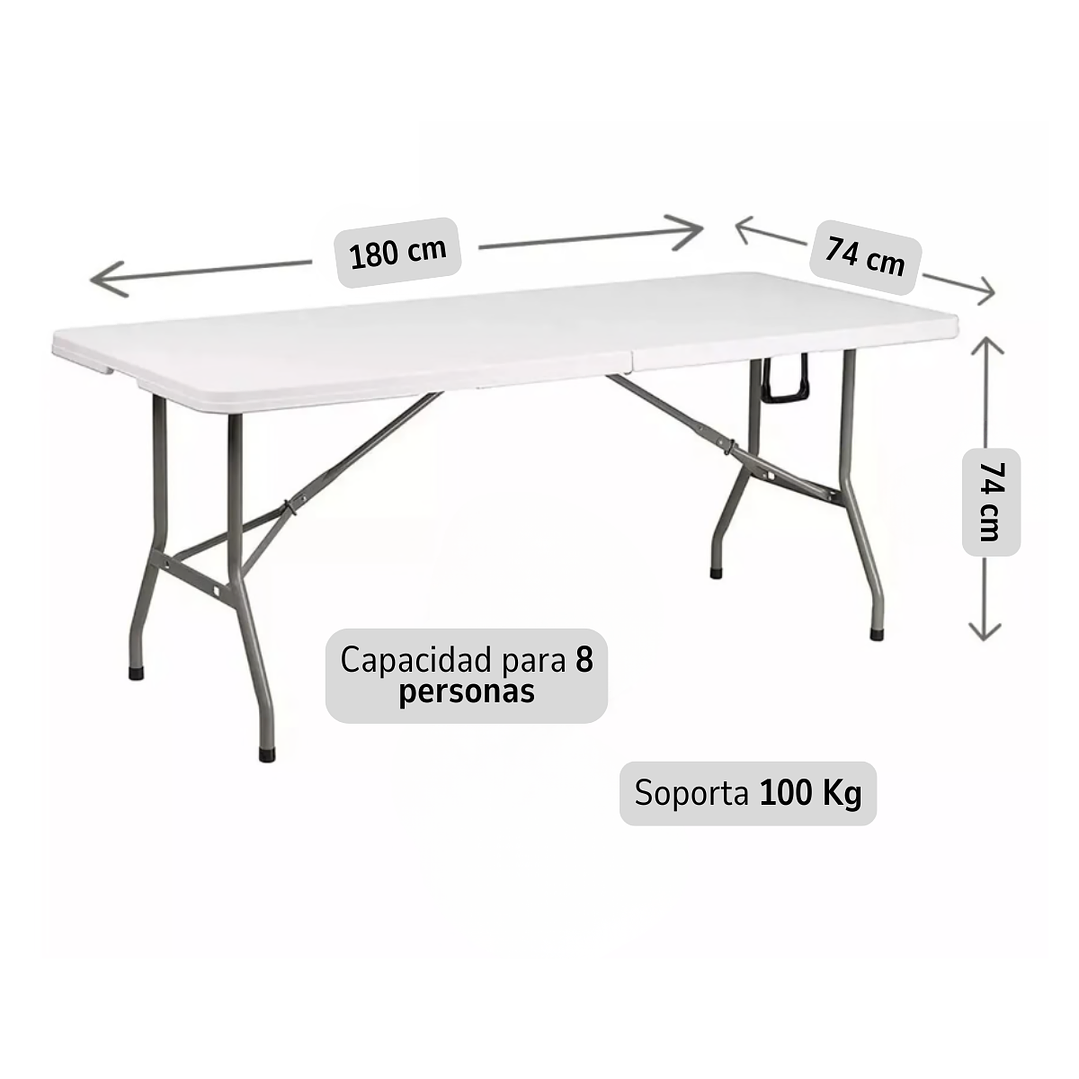 Mesa Plegable Camping 180x74 Cm Hd Plástico Portátil Blanco 2