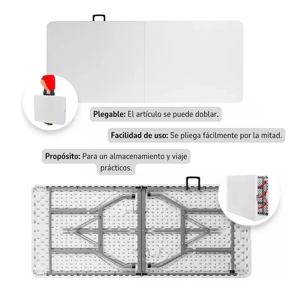 Mesa plegable de camping 180x74 cm portátil, plástico resistente blanca 6