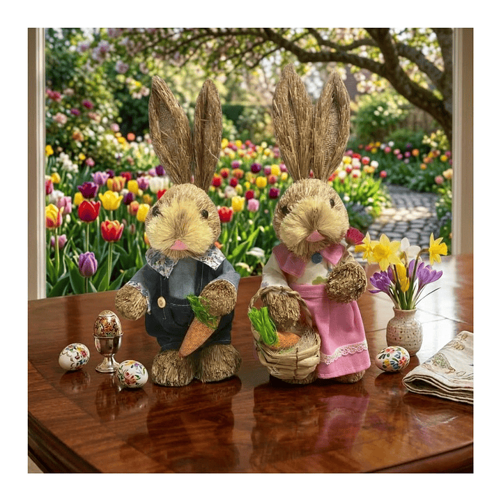 Estatuilla Conejito Pareja De Paja Ornamento Pascua Pequeña 1