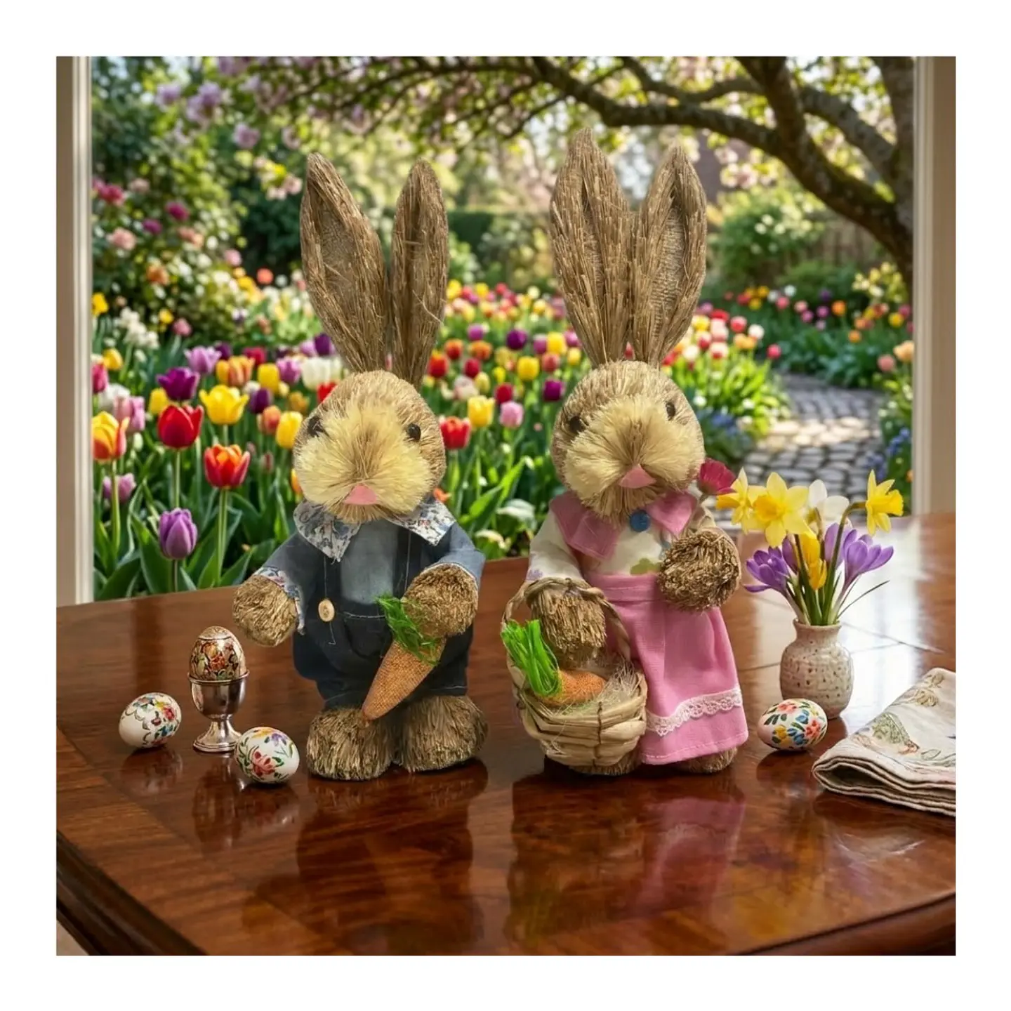 Estatuilla Conejito Pareja De Paja Ornamento Pascua Pequeña 1