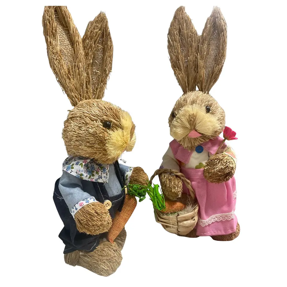 Estatuilla Conejito Pareja De Paja Ornamento Pascua Pequeña 4