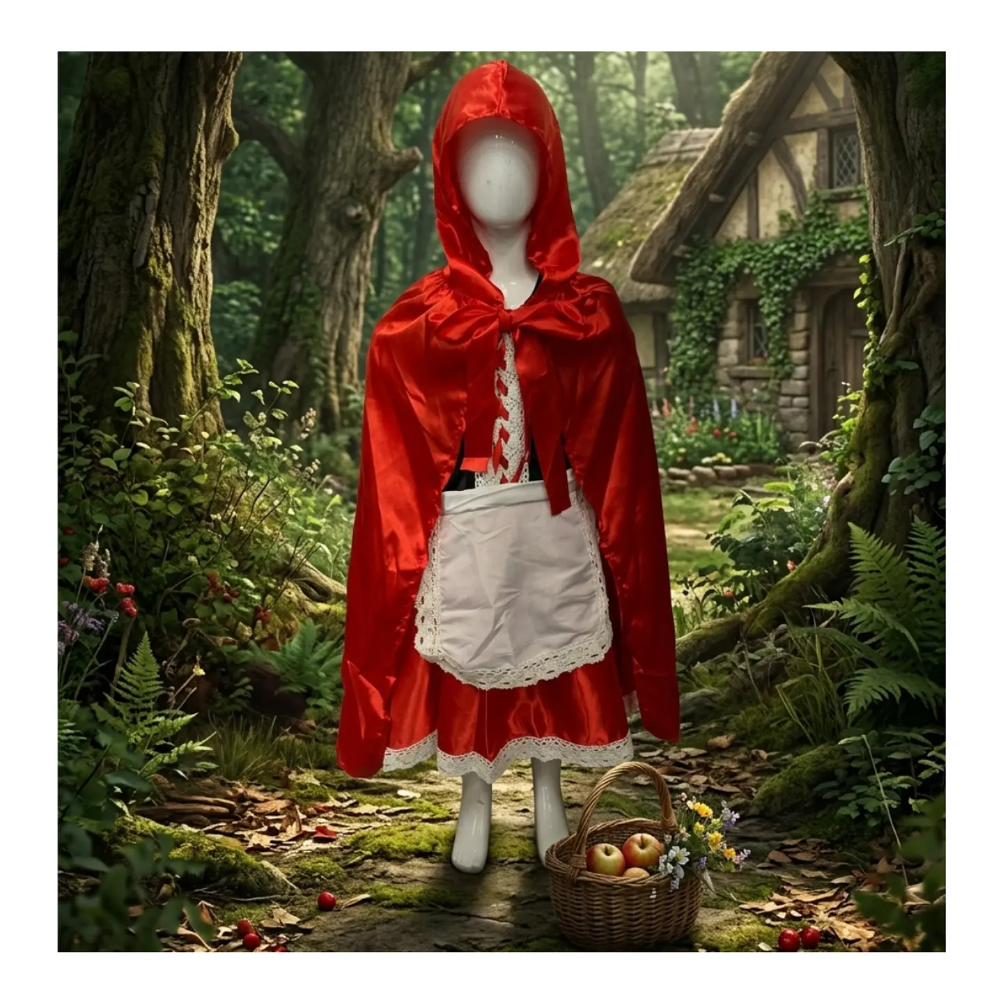 Traje De Caperucita Roja Con Encaje Y Capa Roja Brillante 6