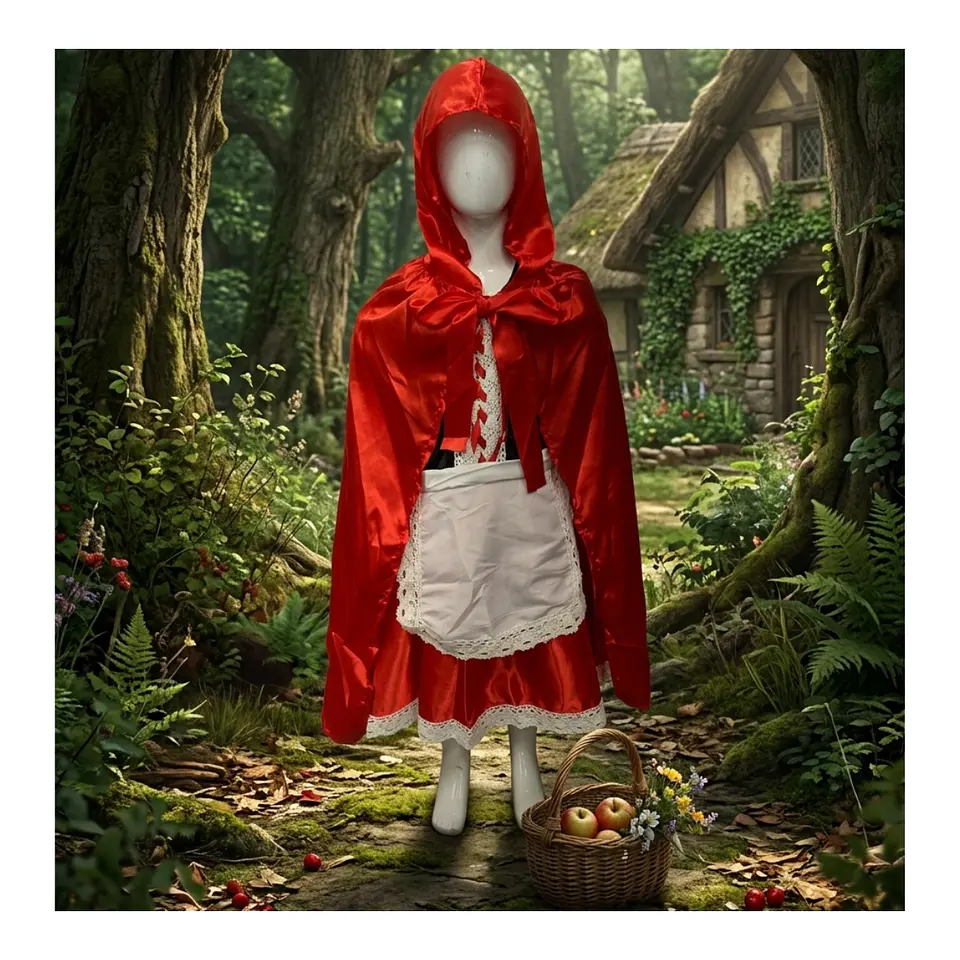 Traje De Caperucita Roja Con Encaje Y Capa Roja Brillante 6