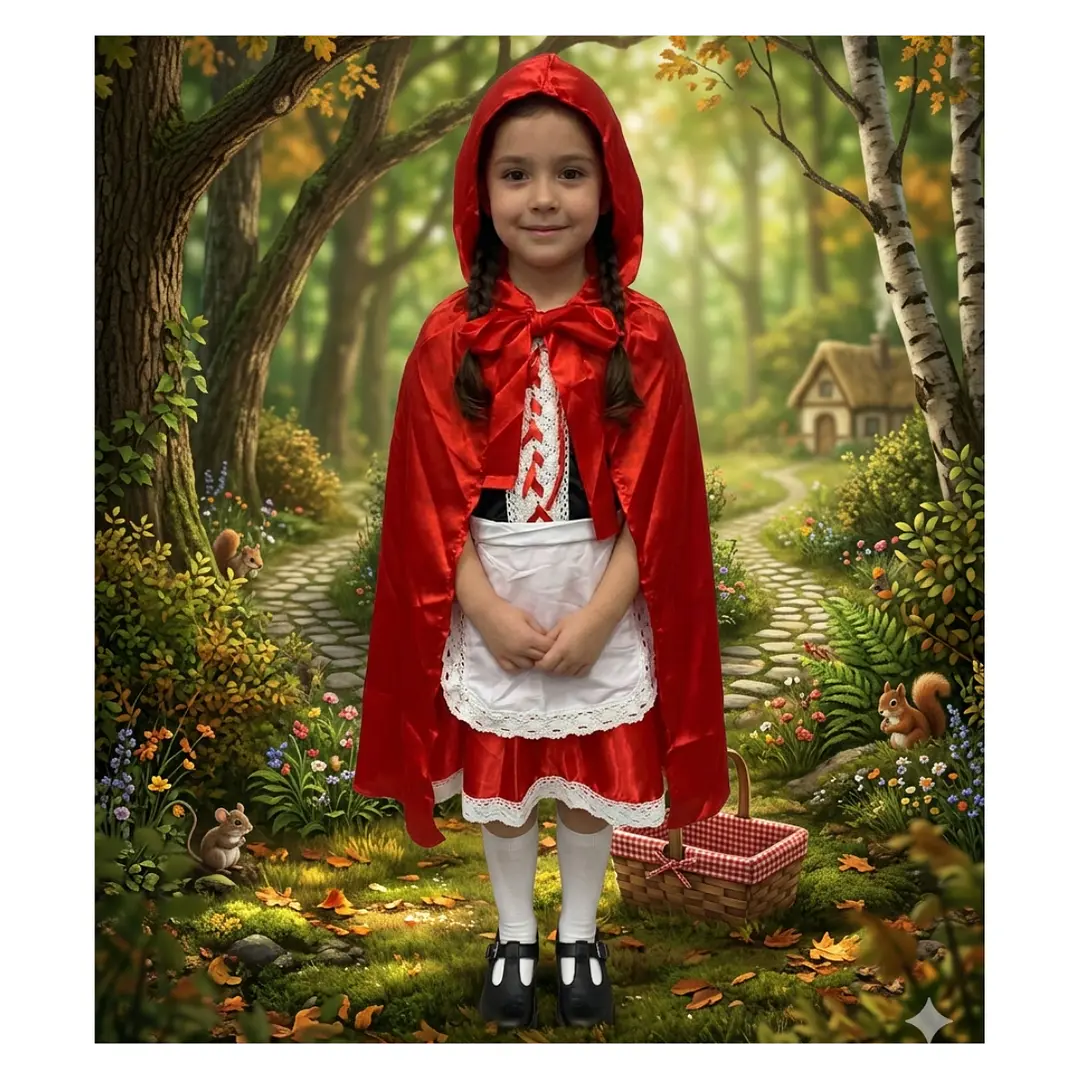 Traje De Caperucita Roja Con Encaje Y Capa Roja Brillante 7