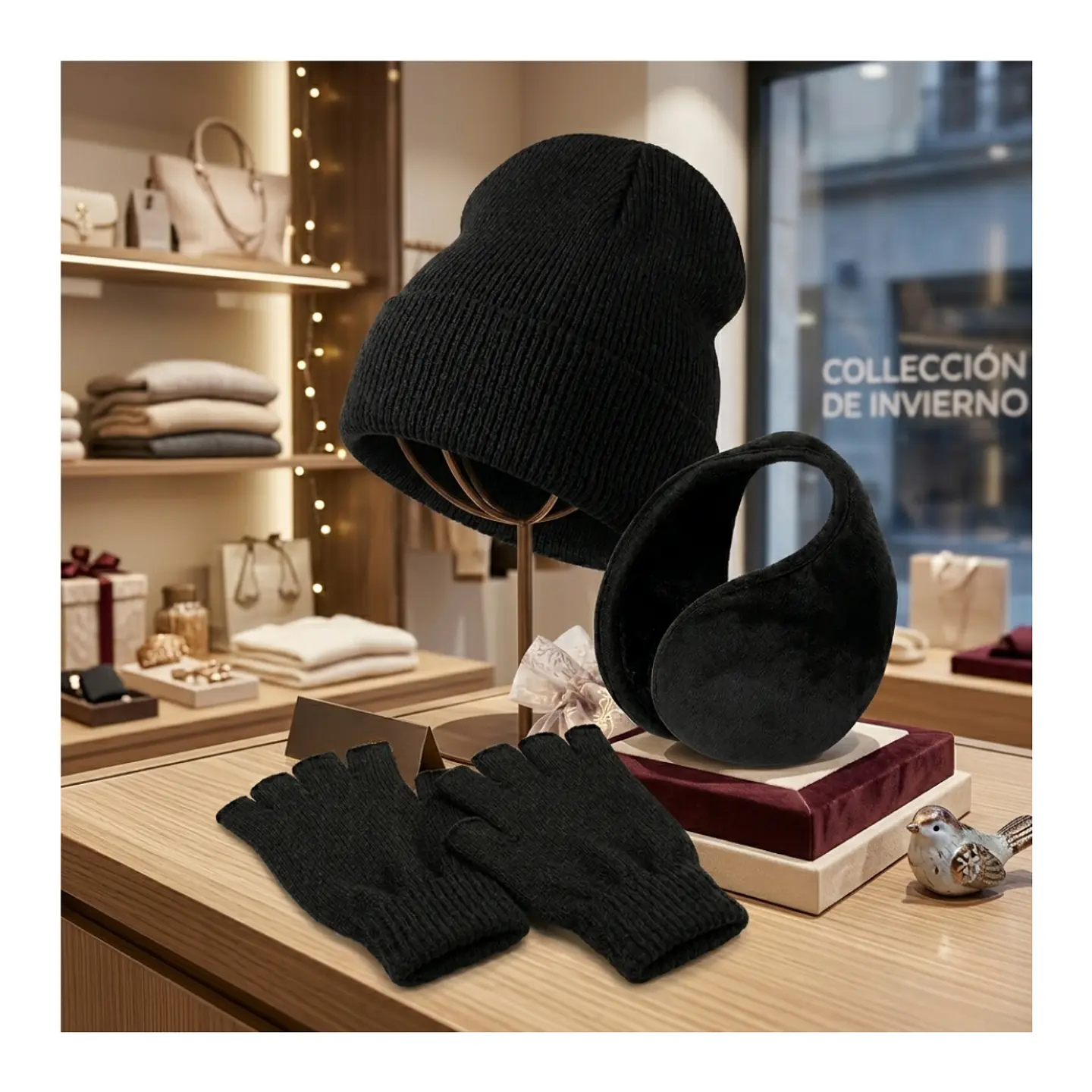 Gorro Beanie + Guantes De Lana Sin Dedos + Orejera Polar 6