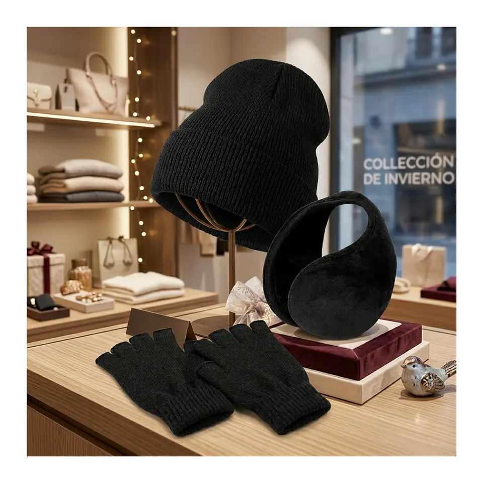 Gorro Beanie + Guantes De Lana Sin Dedos + Orejera Polar 6